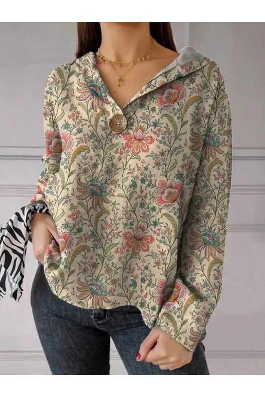 Casual Floral Hooded Long Sleeve Regular Loose Blouse