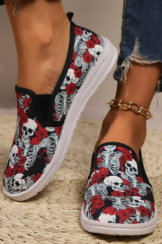 Halloween Skull Rose Peacock Feather Graffiti Print Slip On Round Toe Loafers