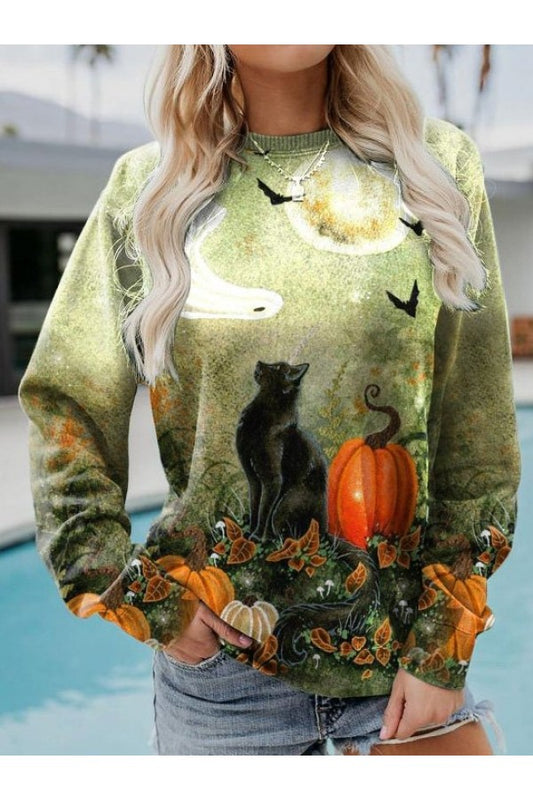 Crew Neck Cat Print Casual Sweatshirt Spring/Fall Long Sleeve