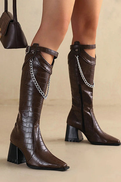 Chain Strap Buckle Decor Crocodile Print Pointed Toe Knee High Boots