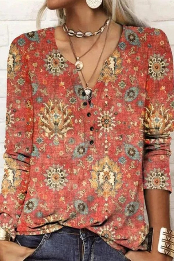 Boho V Neck Ethnic Floral T-Shirt