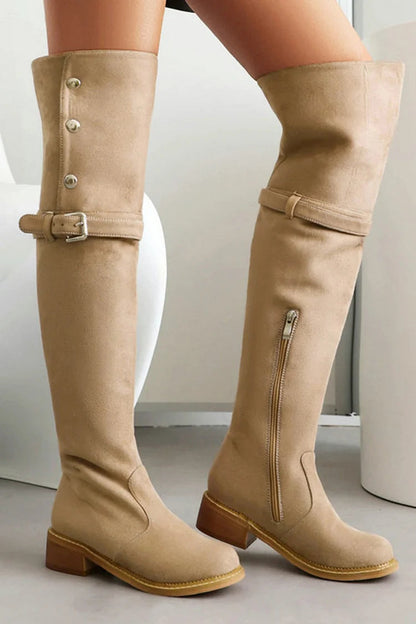 Metal Button Strap Buckle Decor Round Toe Over The Knee Boots