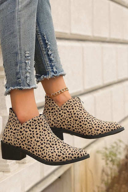 Leopard Print Zipper Pointed Toe Low Block Heel Ankle Boots