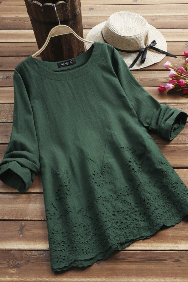 Solid Embroidery O-neck Long Sleeves Blouse