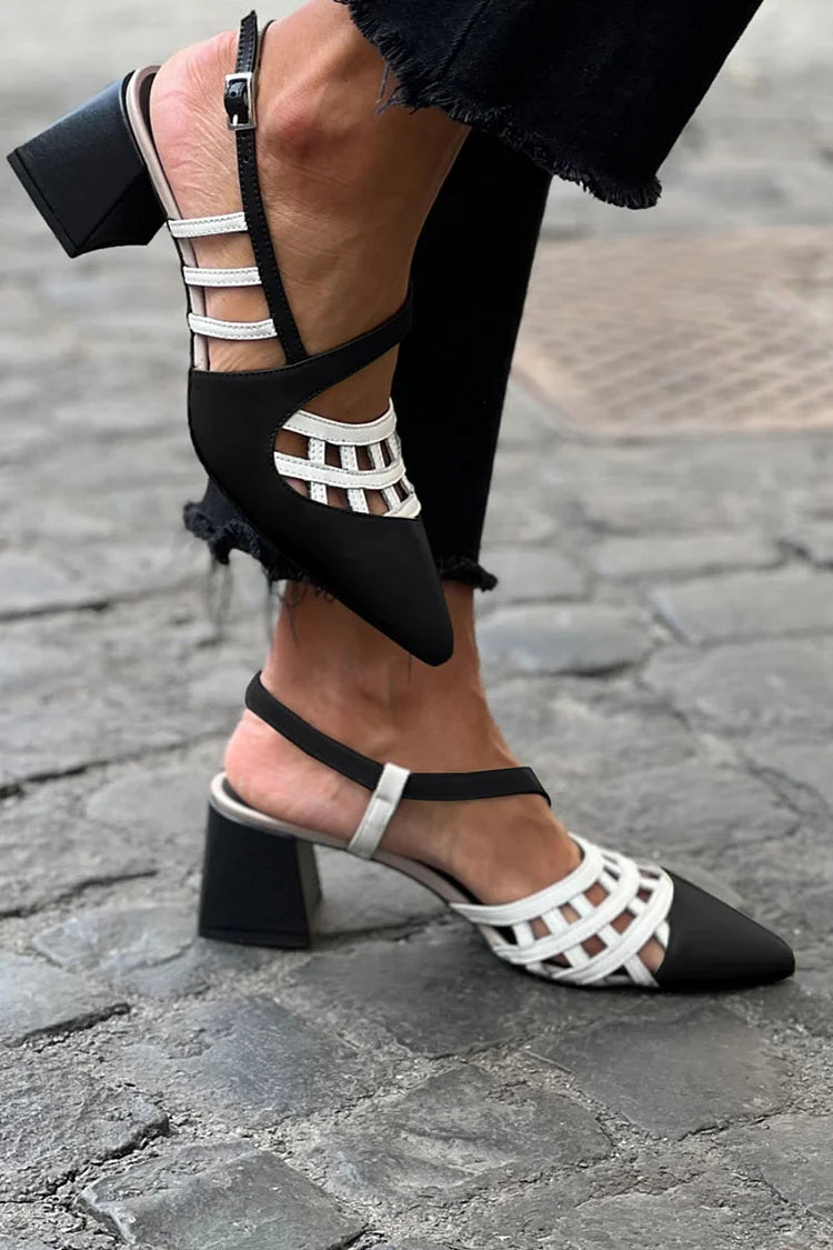 Irregular Patchwork Hollow Out Pointy Toe Black Chunky Heels