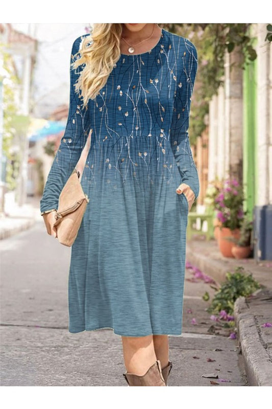 Floral Crew Neck Long Sleeve Comfy Casual Midi Dress