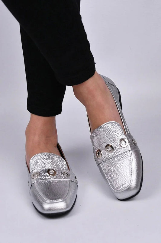 Metal Eyelets Decor Square Toe Patchwork Silver Loafers [Pre Order]