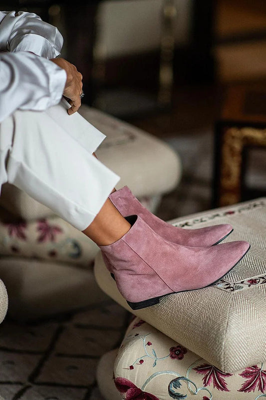 Solid Color Pointed Toe Patchwork Pink Ankle Boots [Pre Order]