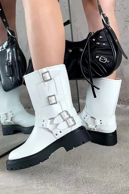 Multi Straps Buckles Round Toe White Mid Boots [Pre Order]