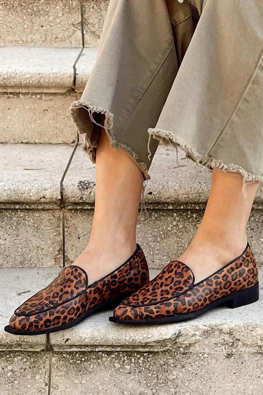 Pointed Toe Leopard Print Slip On Brown Loafers [Pre Order]