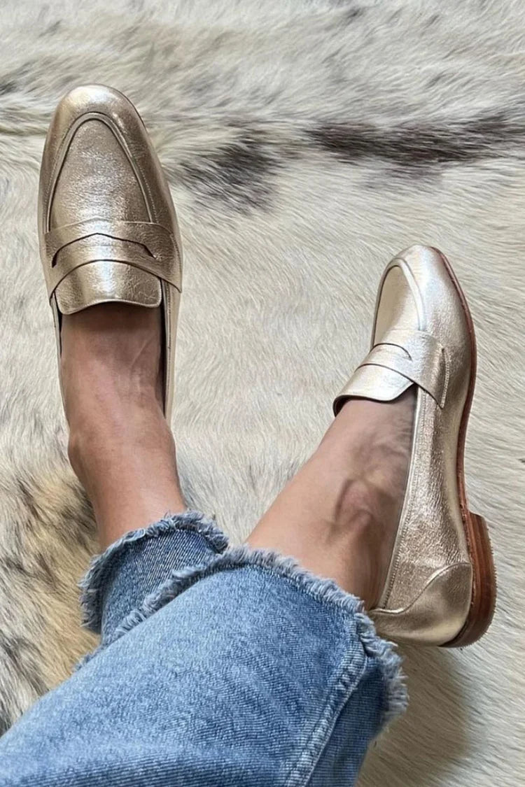 Patchwork Round Toe Metallic Sheen Gold Loafers [Pre Order]
