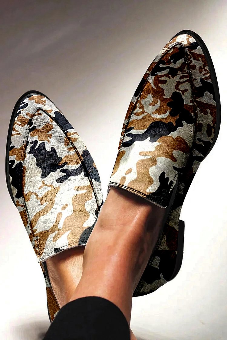 Camo Print Patchwork Pointed Toe Light Gray Leather Loafers [Pre Order]