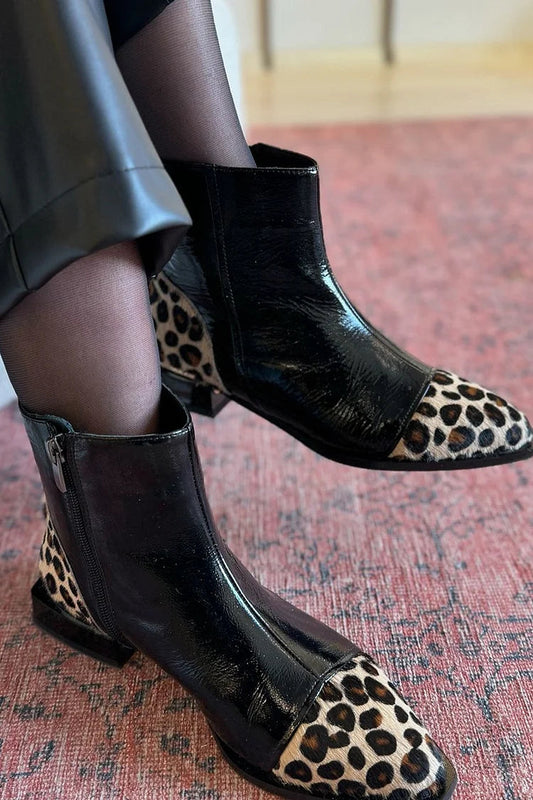 Leopard Print Pointed Toe Low Block Heel Black Ankle Boots [Pre Order]