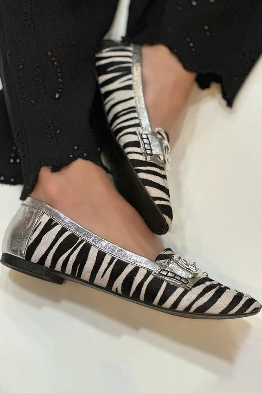 Zebra Print Metal Buckle Square Toe Black Loafers [Pre Order]