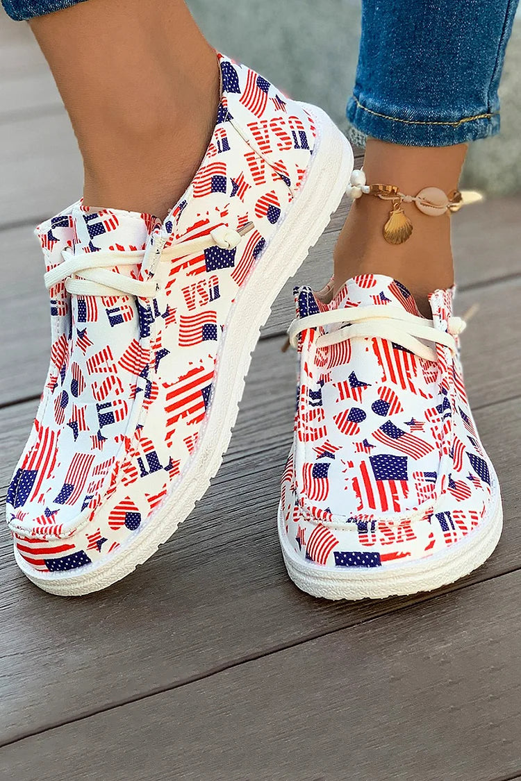 Round Toe Casual Colorblock Star Stripe Flag Print Lace Up Sneakers