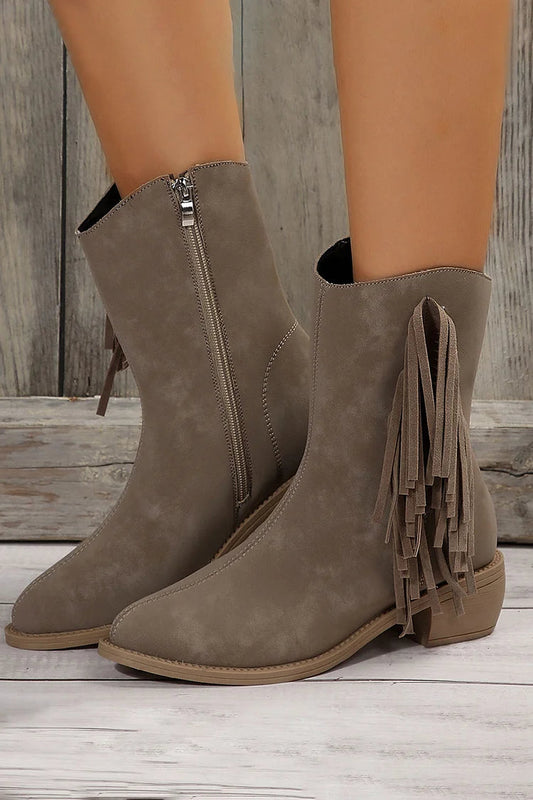 Tassels Decor Solid Color Pointed Toe Chunky Heel Mid Boots