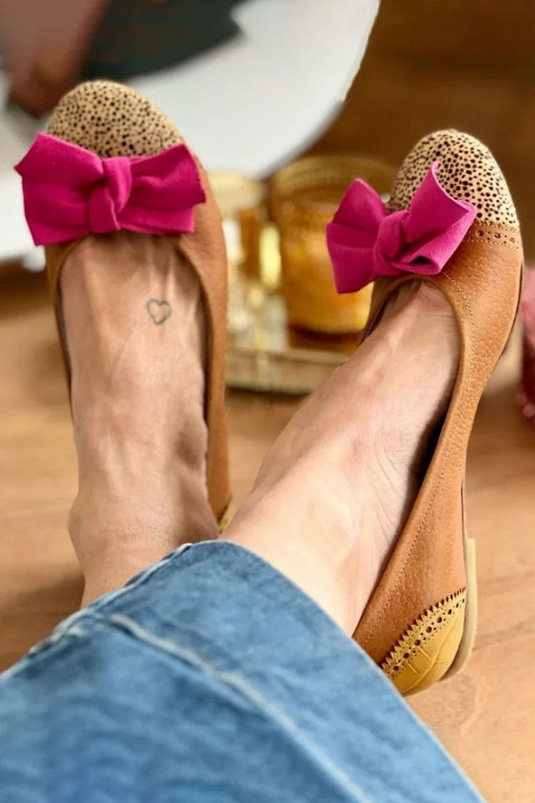 Colorblock Bow Decor Patchwork Round Toe Brown Flats [Pre Order]