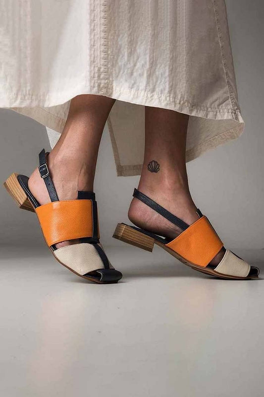 Colorblock Cutout Slingback Square Toe Orange Low Heels [Pre Order]