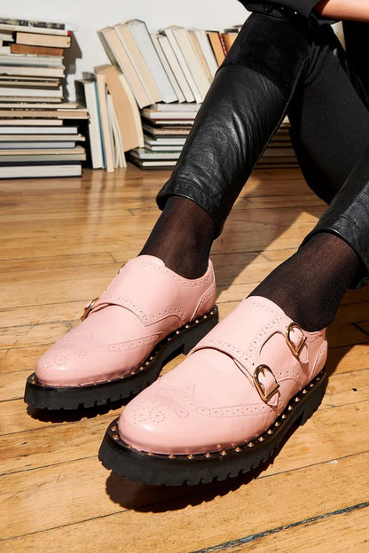 Round Toe Patchwork Buckles Casual Pink Brogue Oxfords [Pre Order]