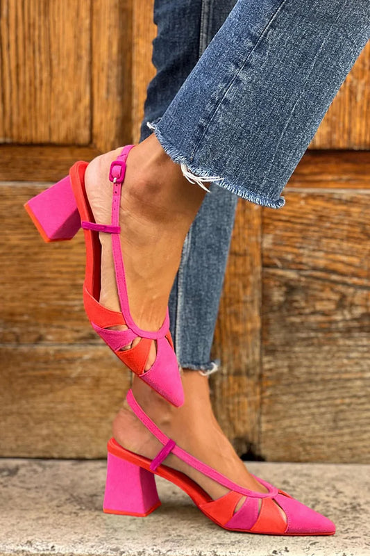 Pointy Toe Hollow Out Slingback Fuchsia Chunky Heels [Pre Order]