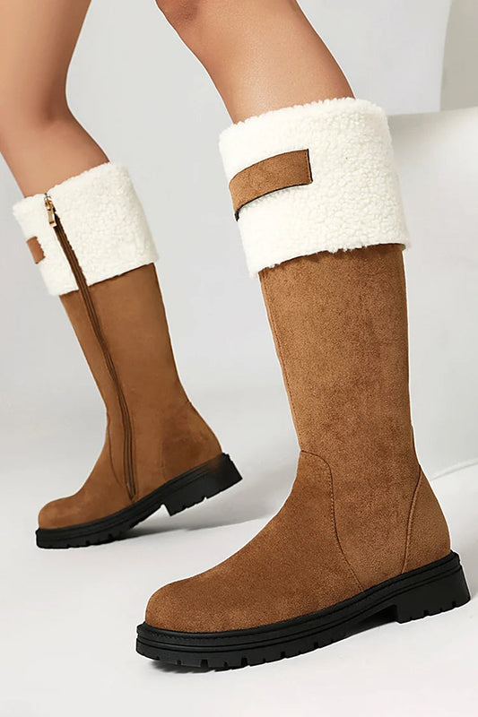 Colorblock Zipper Patchwork Round Toe Low Block Heel Mid Calf Boots