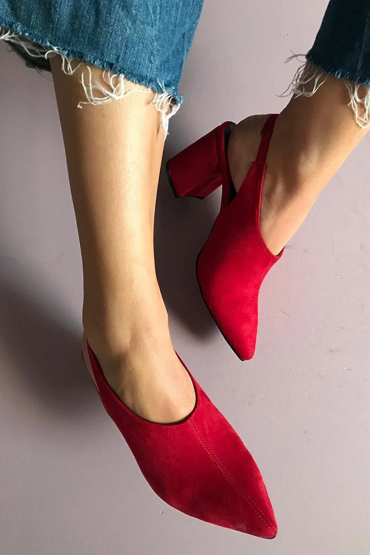 Solid Color Pointed Toe Slingback Red Chunky Heels [Pre Order]