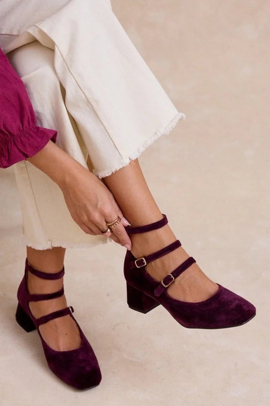 Multi Straps Buckles Square Toe Dark Purple Chunky Heels [Pre Order]