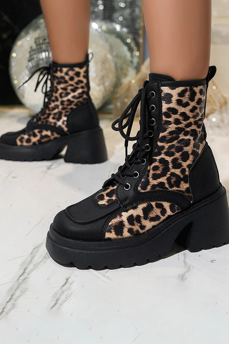 Patchwork Round Toe Leopard Print Chunky Heel Lace Up Mid Boots