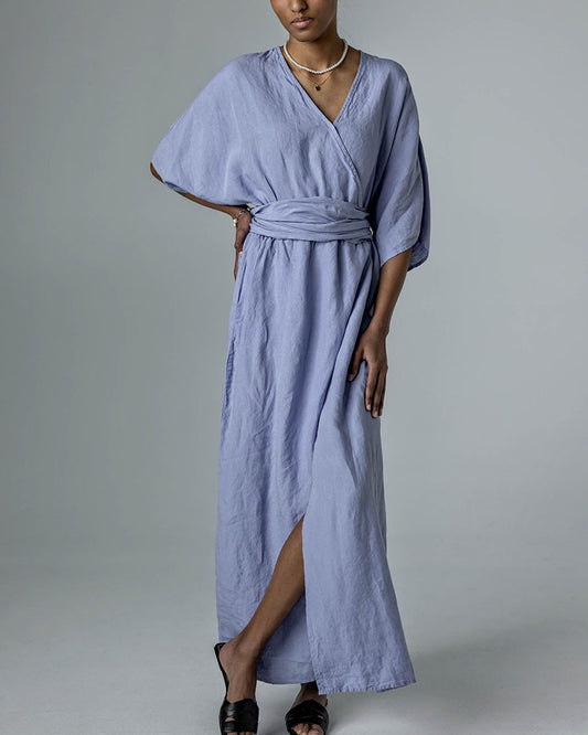 Fantasy purple V-neck slit cotton and linen dress