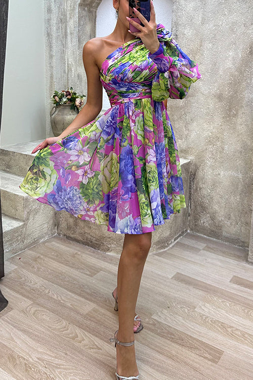 Ruched One Shoulder Waisted Floral Print Flowy Dress