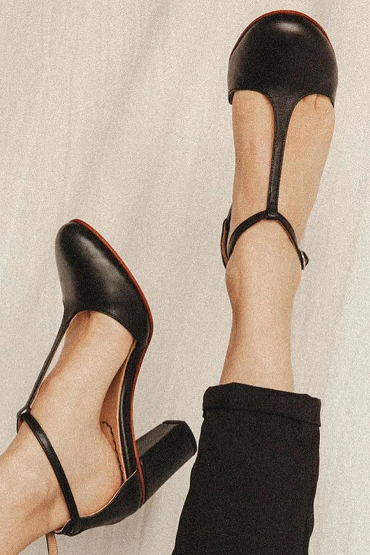 Round Toe Plain T-Strap Buckle Black Chunky Heels [Pre Order]