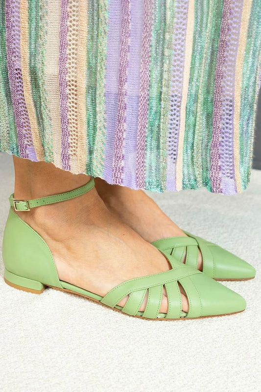 Ankle Strap Buckle Solid Color Pointed Toe Green Flats [Pre Order]