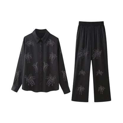 Lapel casual beaded embroidered two-piece set