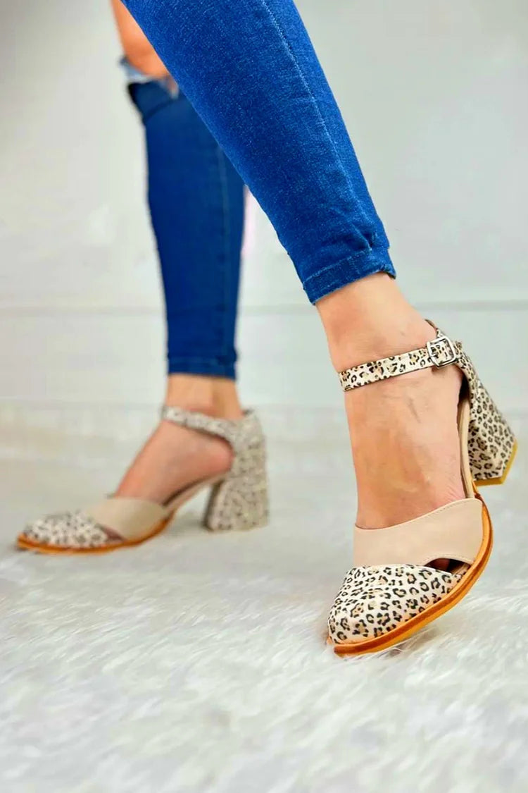 Leopard Print Patchwork Cutout Beige Chunky Heels [Pre Order]