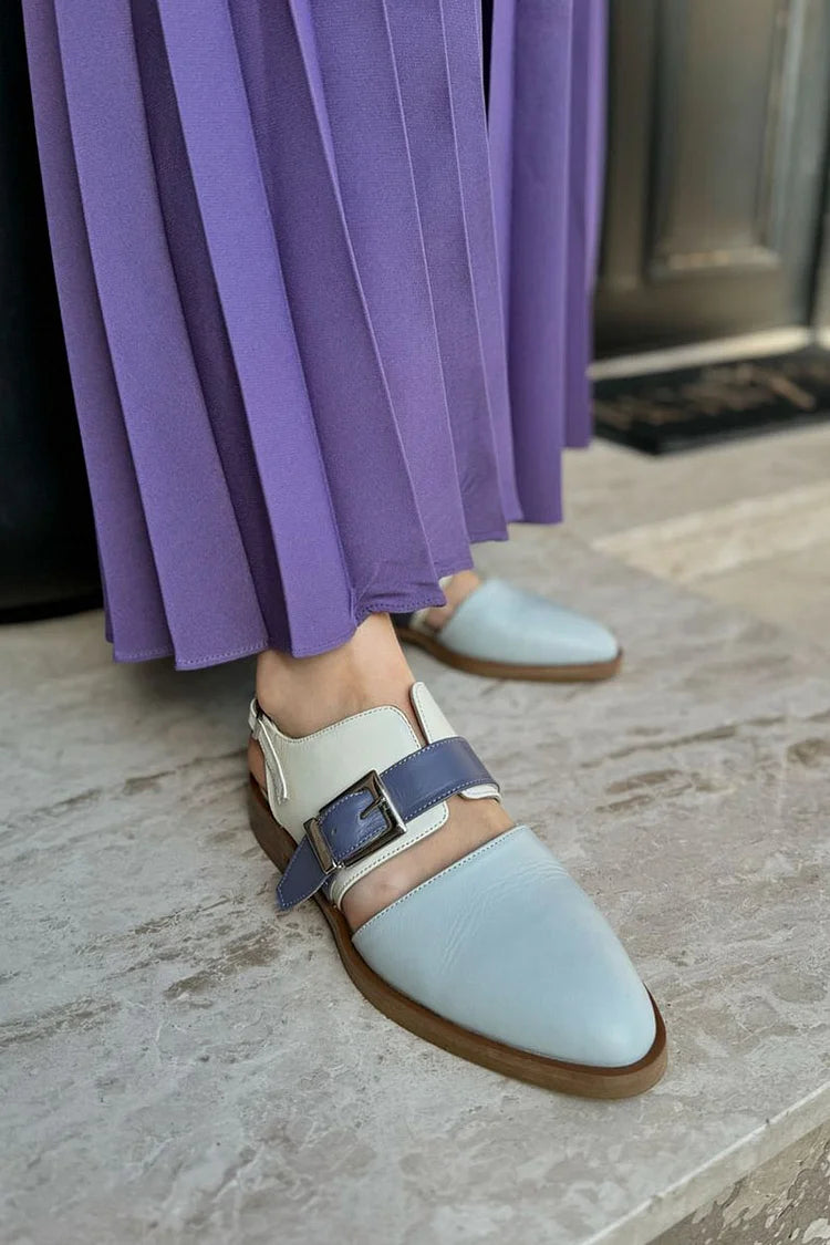 Cut Out Round Toe Colorblock Strap Buckle Light Blue Flats [Pre Order]