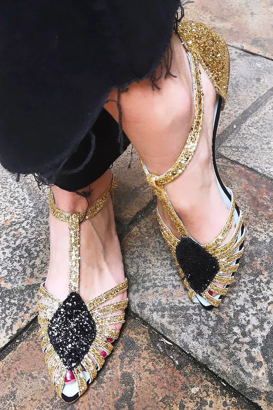 Colorblock Glitter Pointed Toe T-Strap Buckle Gold Flats [Pre Order]
