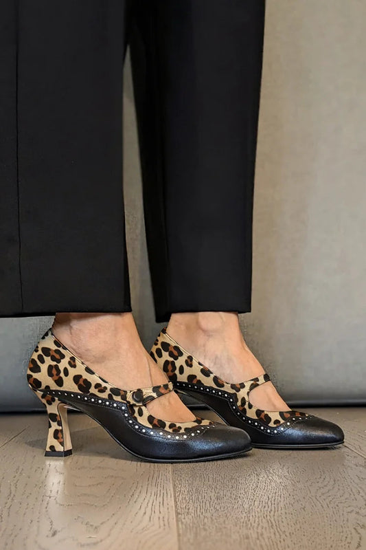 Pointed Toe Leopard Print Patchwork Black Chunky Heels [Pre Order]