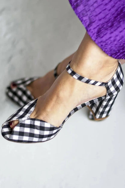 Plaid Peep Toe Ankle Strap Buckle Black Chunky Heels [Pre Order]