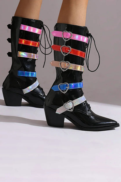 Pointed Toe Multicolor Straps Buckles Lace Up Mid Calf Boots