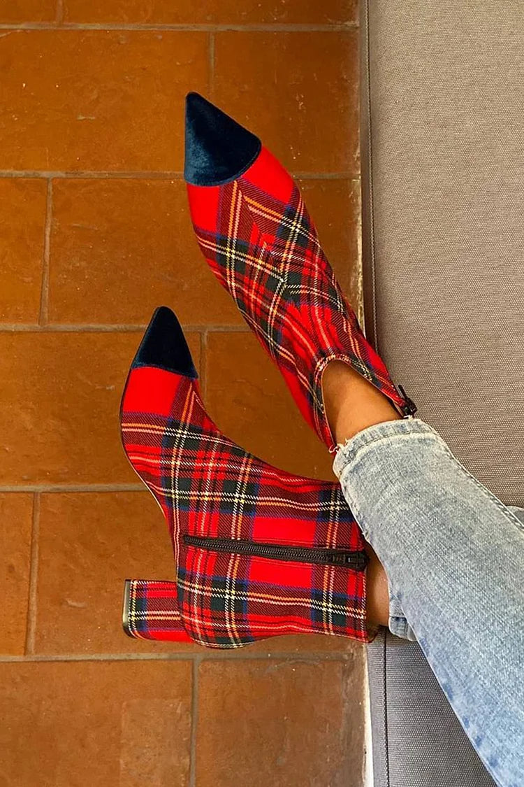 Patchwork Pointed Toe Plaid Chunky Heel Red Ankle Boots [Pre Order]