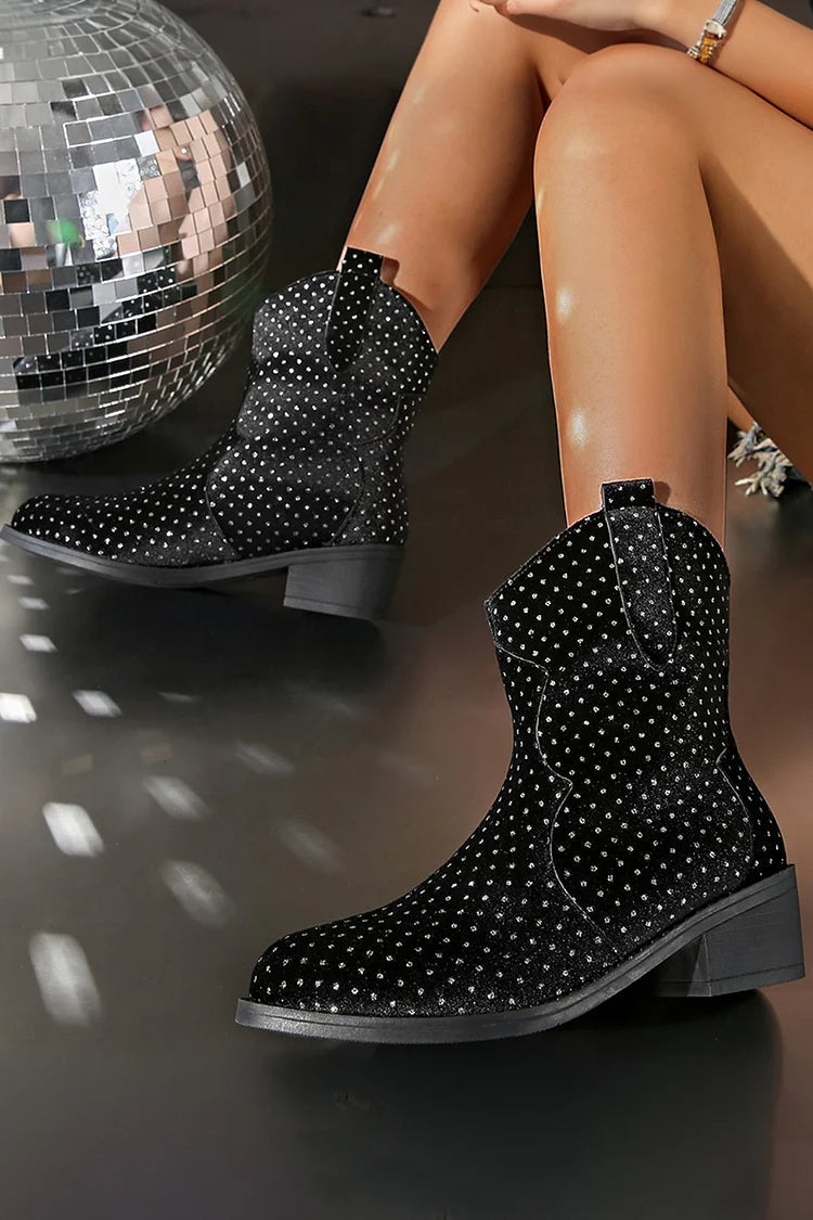 Rhinestone Decor Pointed Toe Patchwork Chunky Heel Mid Boots