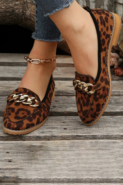 Leopard Print Metal Chain Decor Pointed Toe Loafers