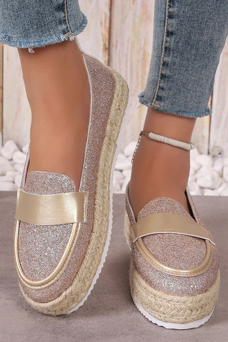 Shimmering Glitter Patchwork Slip On Platform Espadrille Loafers