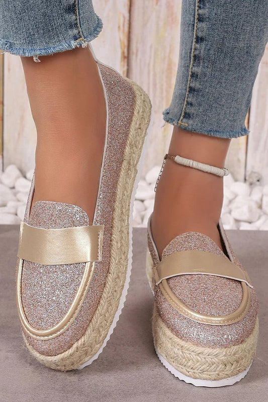 Mocassini Espadrillas Slip On con Plateau e Patchwork Glitter Luccicanti 