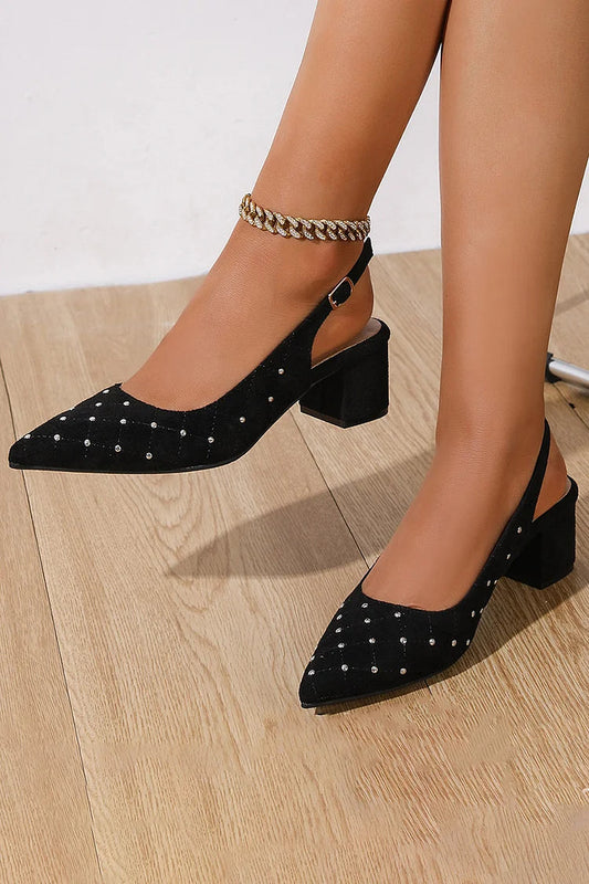 Rhinestone Seam Pointed Toe Buckle Slingback Strap Chunky Heels