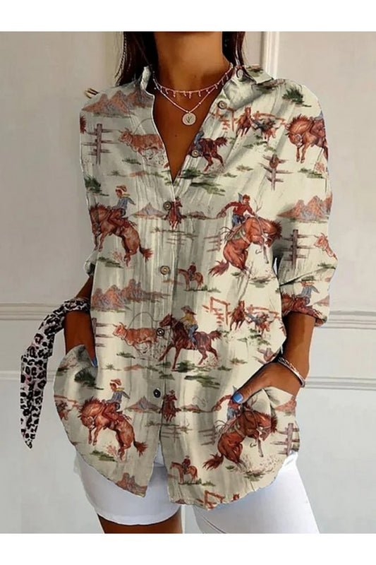 Shirt Collar Long Sleeve Floral Loose Shirt Casual Style