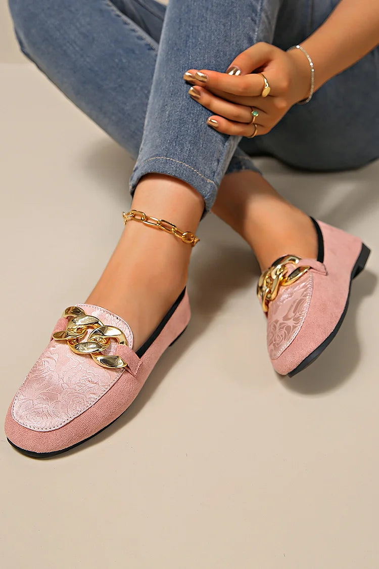 Floral Jacquard Patchwork Metal Chain Decor Round Toe Loafers