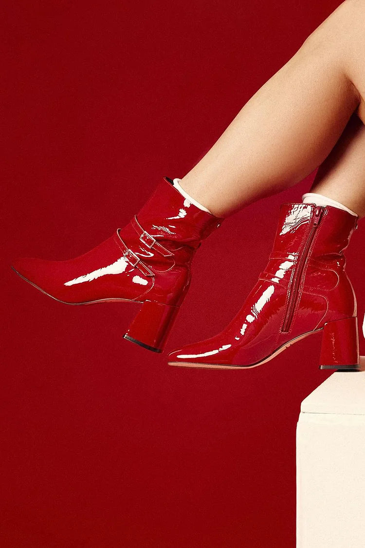 Two Straps Buckles Solid Color Red Chunky Heels Boots [Pre Order]