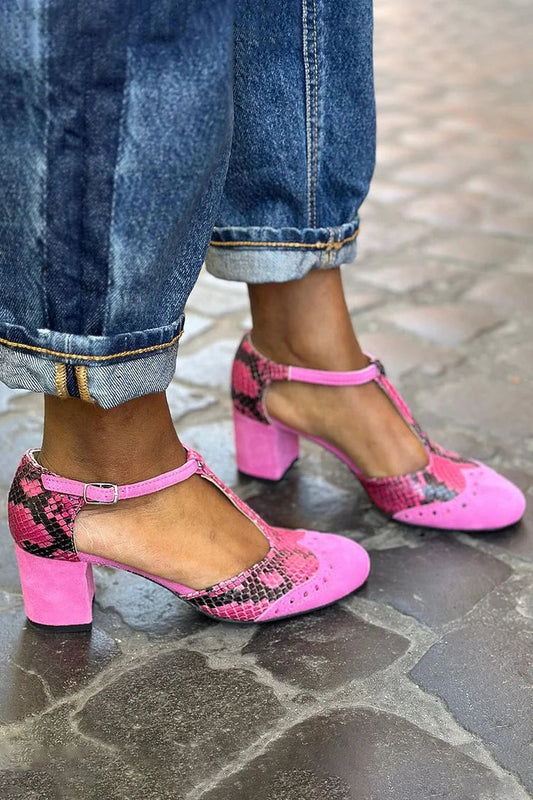 T-Strap Buckle Snake Print Patchwork Pink Chunky Heels [Pre Order]