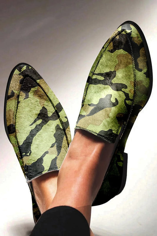 Pointed Toe Camouflage Print Green Leather Loafers [Pre Order]